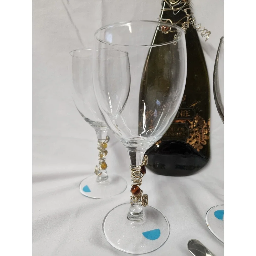 Flat Melted  Beaded Ferranti  Wine Bottle Cheese/Bread Board Knife 4 Glasses